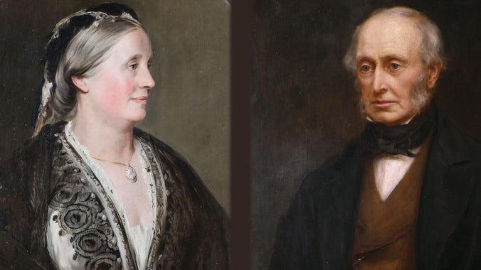 Detail of oil painting on canvas (oval), Margaret Ramshaw, Lady Armstrong (1807-1893), by John Callcott Horsley, RA (London 1817-Cranbrook 1903), alongside 1st Lord Armstrong of Cragside by Mary Lemon Waller (1871-1916) signed and dated 1898 at Cragside, Northumberland